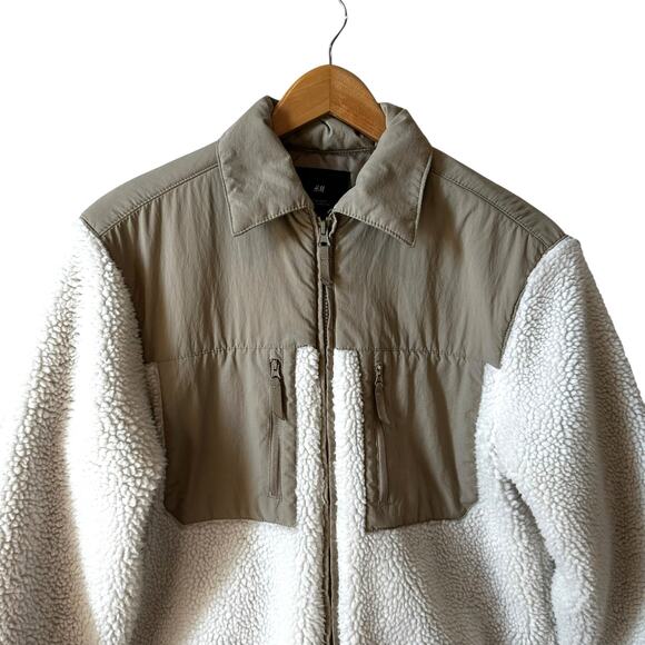 Y2K H&M Men’s Sherpa Fleece Jacket Regular Fit Cream Brown Size Small Gorpcore - Picture 3 of 10